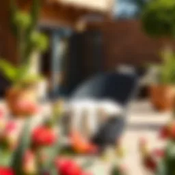 Elegant black wicker swivel patio chair in a sunny outdoor setting