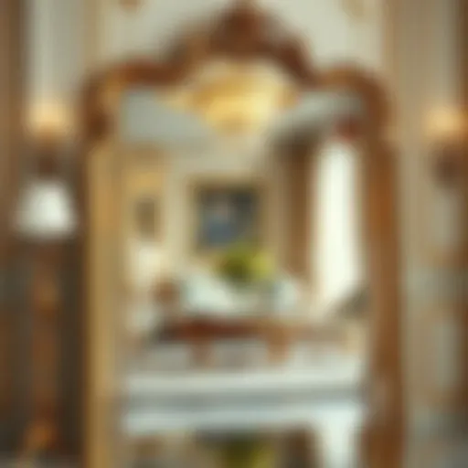 Luxurious gold standing floor mirror reflecting an elegant living room