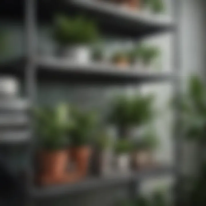 A close-up view of industrial-style stackable metal shelves displaying various plants and artistic pieces.