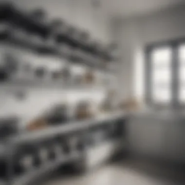 An artistic arrangement of stackable metal shelves in a minimalist kitchen with stylish cookware.