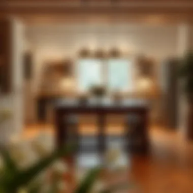 Cozy Kitchen Atmosphere with Central Table An inviting kitchen scene showcasing a large table in a cozy environment