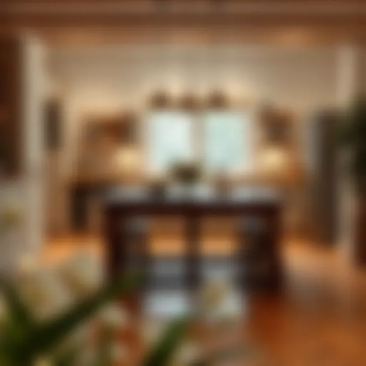 Cozy Kitchen Atmosphere with Central Table An inviting kitchen scene showcasing a large table in a cozy environment