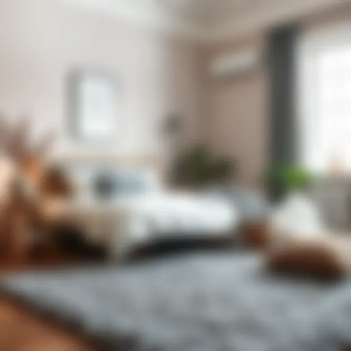 Cozy bedroom setup featuring a plush gray scatter rug