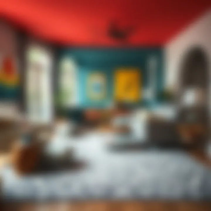 Vibrant living space showcasing a patterned gray scatter rug