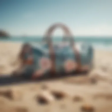 A stylish waterproof bathing suit bag displayed on a sandy beach