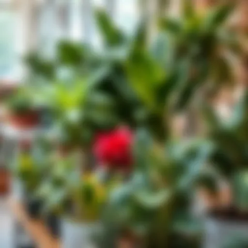 A vibrant display of various house plants in a modern retail setting