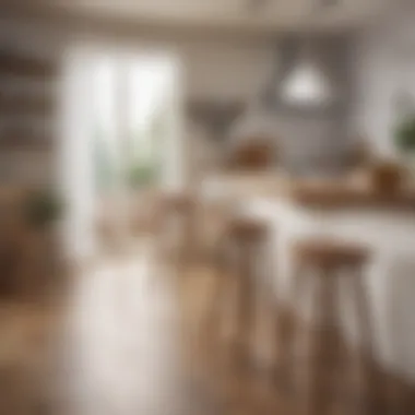 A cozy kitchen setting featuring wooden stools that enhance the decor